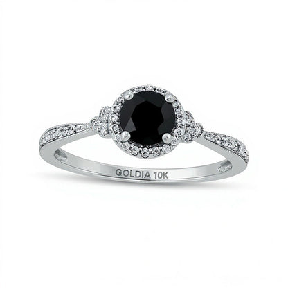 5.0mm schwarzer Saphir und 0.1 CT. TW Diamant Halo-Verlobungsring im Vintage-Stil mit dreiseitigem Besatz in 10K Weißgold