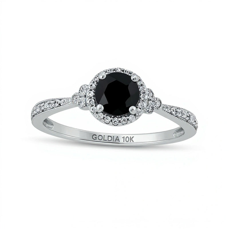 5.0mm schwarzer Saphir und 0.1 CT. TW Diamant Halo-Verlobungsring im Vintage-Stil mit dreiseitigem Besatz in 10K Weißgold