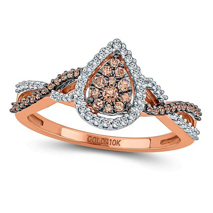 0.33 ct. Gesamtgewicht Champagner- und weißer Diamant Fashion-Ring mit tropfenförmigem Rahmen und Twist-Design in 10K Roségold