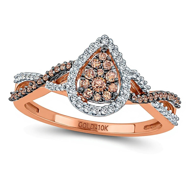 0.33 ct. Gesamtgewicht Champagner- und weißer Diamant Fashion-Ring mit tropfenförmigem Rahmen und Twist-Design in 10K Roségold