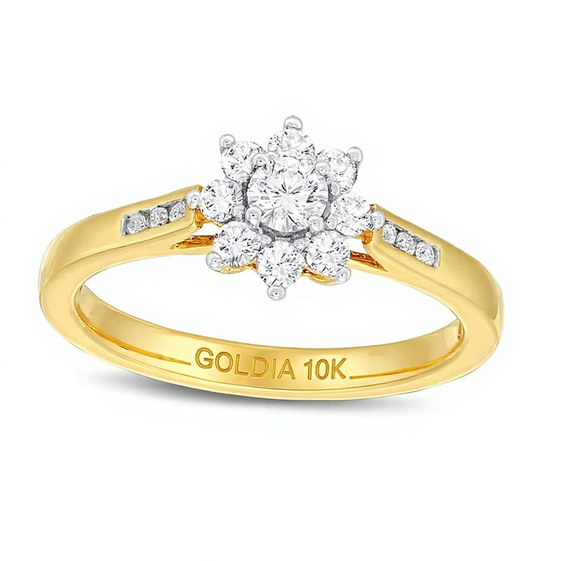 0.5 CT. Gesamtgewicht Diamant Halo Verlobungsring mit kanalgefasster Ringschiene in 10K Gelbgold (J/I3)