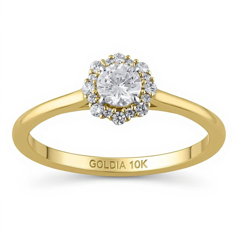 0,38 ct. Gesamtgewicht Diamant-Verlobungsring mit Blüten-Halo in 10K Gelbgold