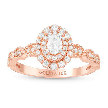 0,38 ct. Gesamtgewicht Verlobungsring mit ovalem Diamant im Art-déco-Vintage-Stil und doppeltem Rahmen in 10K Roségold