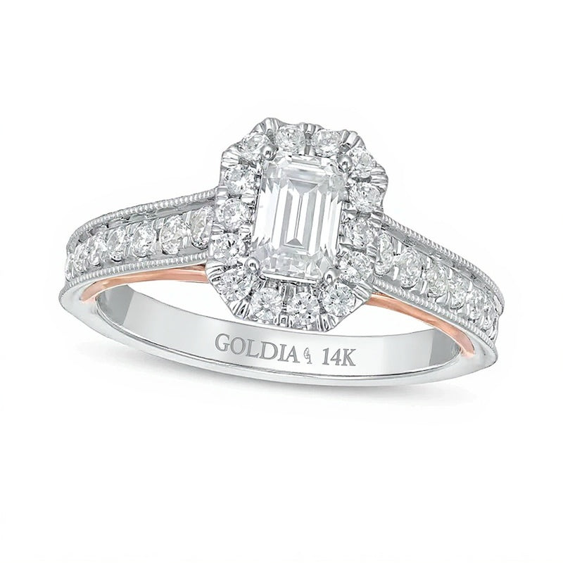 Halo-Verlobungsring mit weißen Diamanten im Smaragd- und Rundschliff, 1.0 ct. Gesamtgewicht, 14K Bicolor-Gold