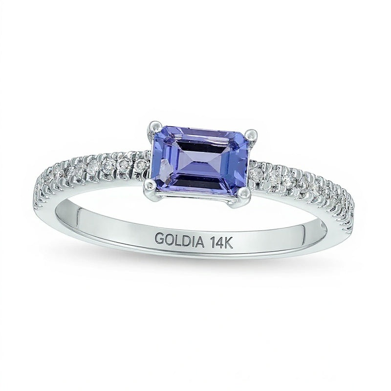 Ring mit Tansanit im Smaragdschliff und Diamanten 0,1 ct. Gesamtgewicht in 14K Weißgold
