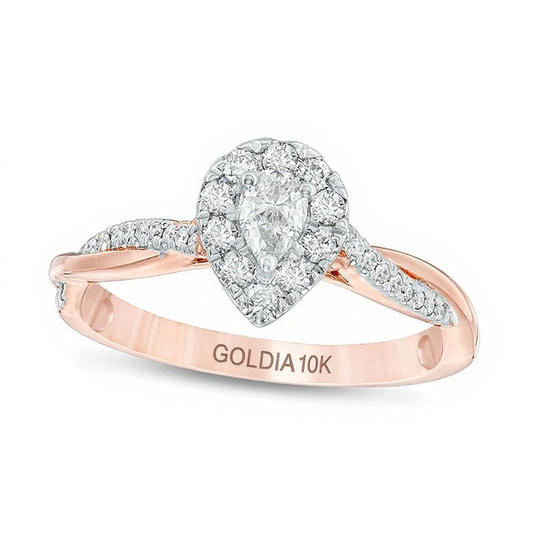 0.38 ct. Gesamtgewicht Verlobungsring Halo mit tropfenförmigem und rundem Diamant in 10K Roségold