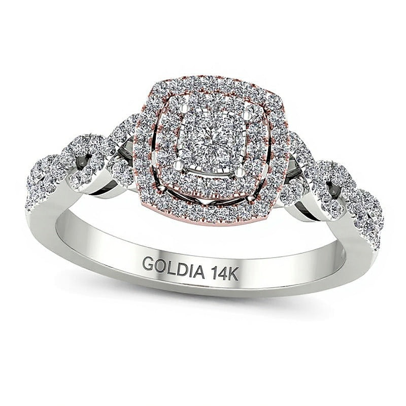 0.33 ct. Gesamtgewicht Komposit-Diamant Verlobungsring mit doppeltem Kissenschliff-Rahmen und Twist-Design in 14K Gelb- und Weißgold