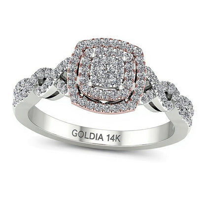 0.33 ct. Gesamtgewicht Komposit-Diamant Verlobungsring mit doppeltem Kissenschliff-Rahmen und Twist-Design in 14K Gelb- und Weißgold