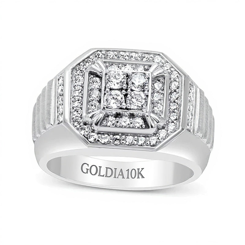 Fashion-Ring mit weißen Diamanten 1.0 CT. TW im Achteck-Doppelrahmen mit geripptem Ringschienen-Design in 10K Weißgold