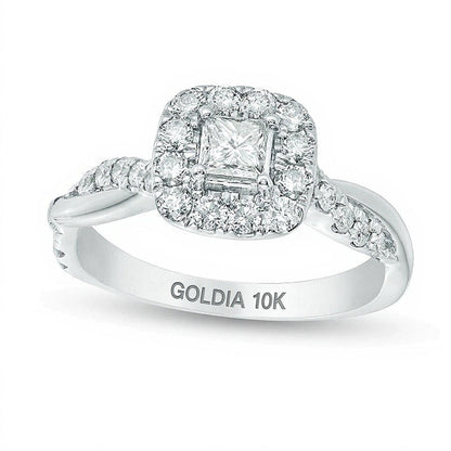 0,88 ct. Gesamtgewicht Verlobungsring mit Diamanten im Princess- und Rundschliff und Halo, gedrehte Ringschiene, in 10K Weißgold