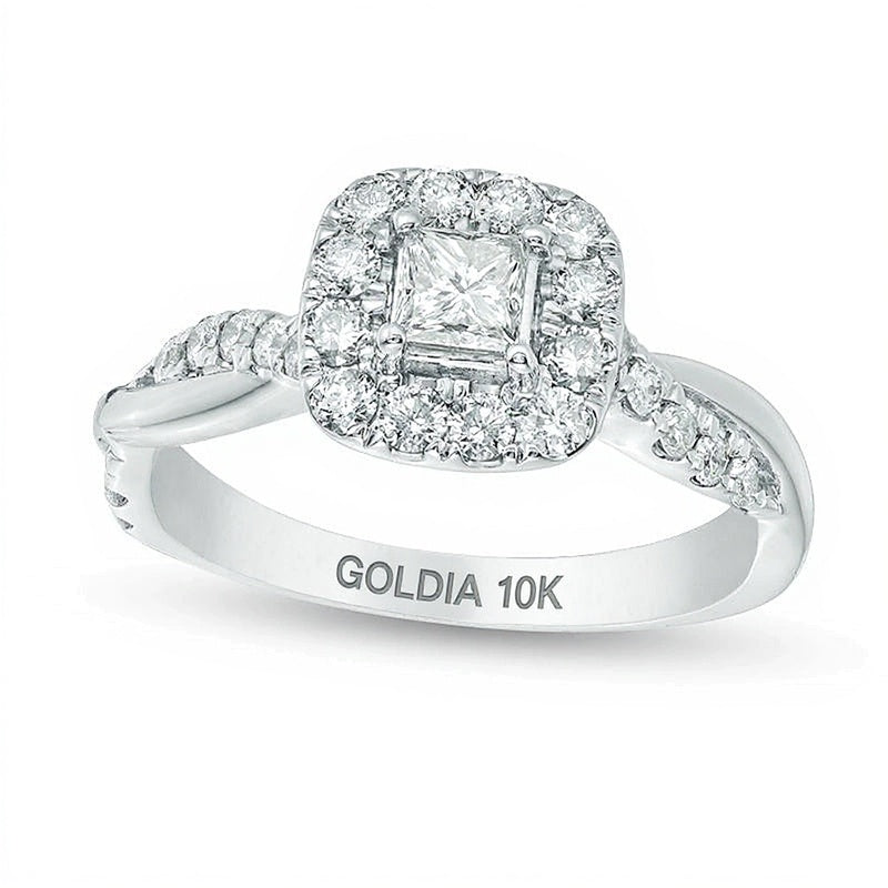 0,88 ct. Gesamtgewicht Verlobungsring mit Diamanten im Princess- und Rundschliff und Halo, gedrehte Ringschiene, in 10K Weißgold