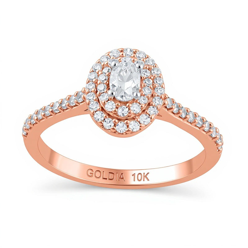 0,5 ct. Gesamtgewicht Verlobungsring mit ovalem Diamant und doppeltem Halo in 10K Roségold