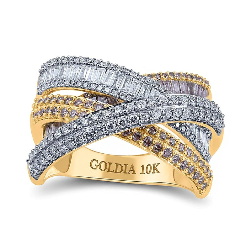 1.5 CT. Gesamtgewicht Ring mit champagnerfarbenen und weißen Diamanten im überkreuzten Layer-Design aus 10K Gelbgold