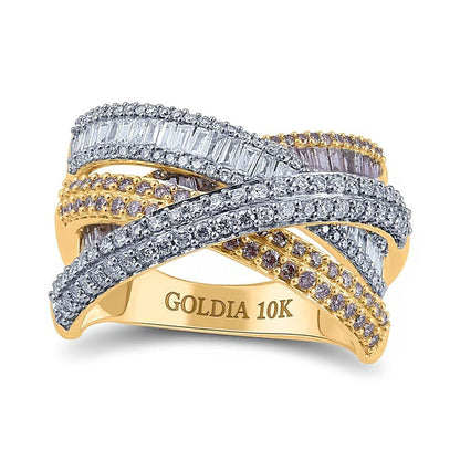 1.5 CT. Gesamtgewicht Ring mit champagnerfarbenen und weißen Diamanten im überkreuzten Layer-Design aus 10K Gelbgold