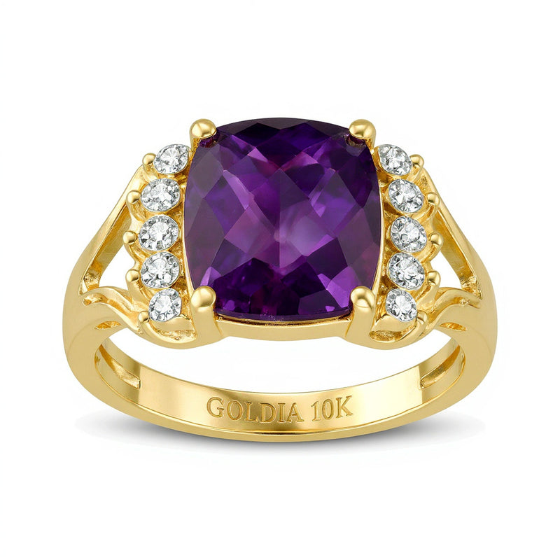Cocktail-Ring mit Amethyst im Kissenschliff und Diamanten 0,1 ct. Gesamtgewicht in 10K Gelbgold