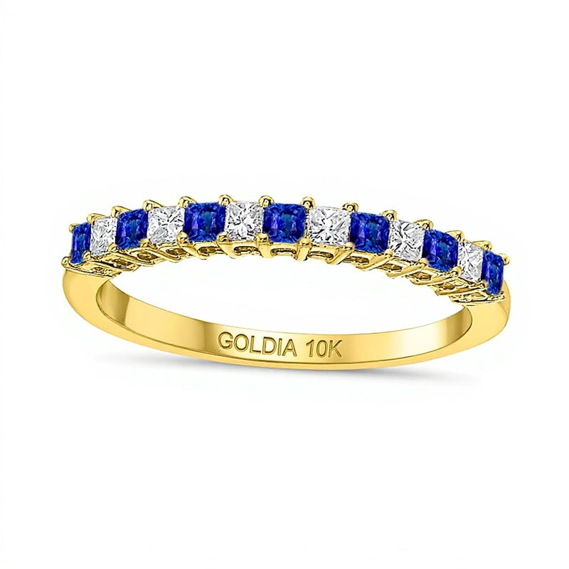 Memoire-Ring mit blauem Saphir im Princess-Schliff und Diamant im Princess-Schliff 0,2 ct. Gesamtgewicht im Wechsel in 10K Gold