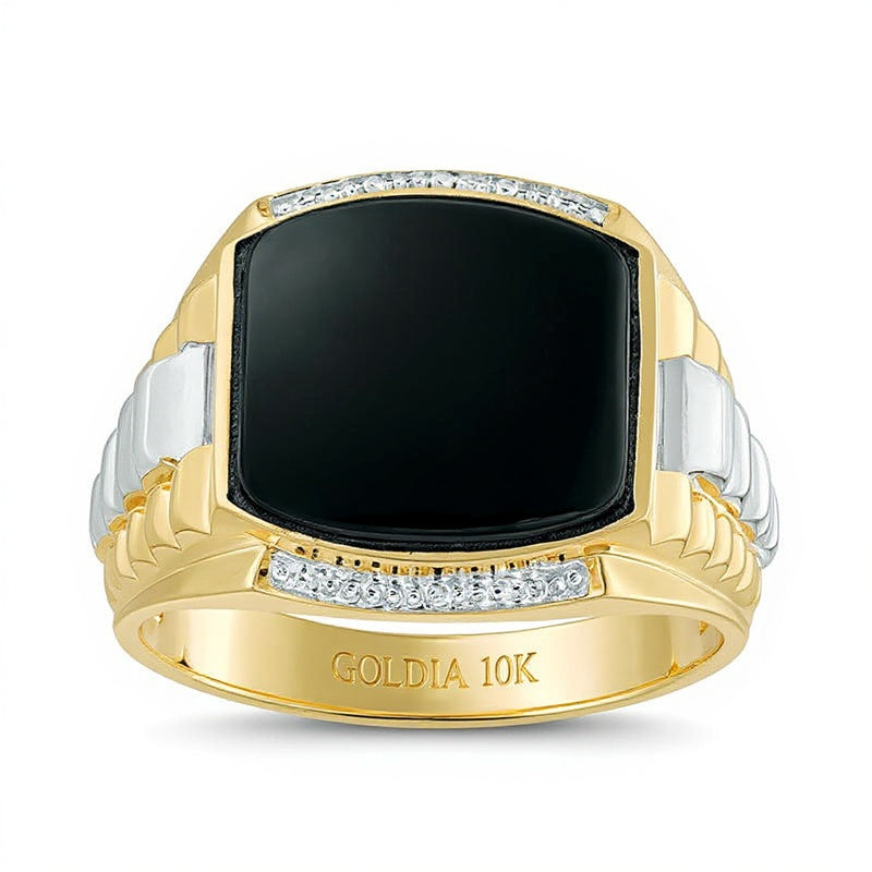 13.0mm Onyx Ring im Kissenschliff mit gestuftem Ringschienen-Design in 10K Gold Bicolor