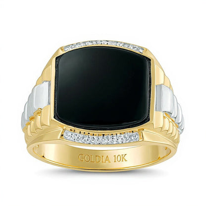 13.0mm Onyx Ring im Kissenschliff mit gestuftem Ringschienen-Design in 10K Gold Bicolor