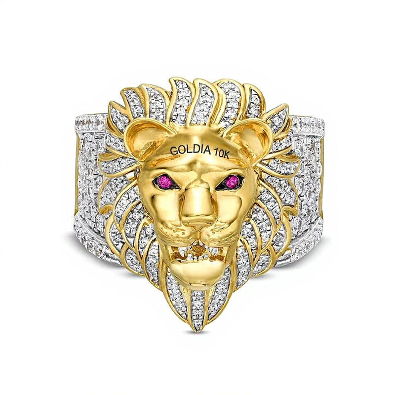 Löwen-Ring mit Diamant und Labor-Rubin 1.0 CT. Gesamtgewicht in 10K Gelbgold