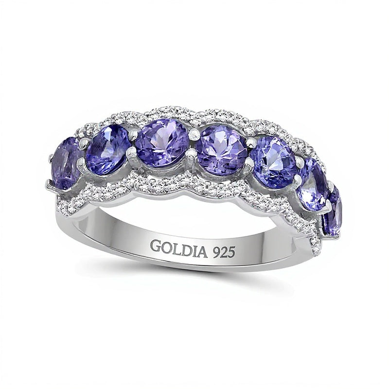4,0mm Tansanit und weißer synthetischer Zirkon Sieben-Stein-Ring mit Wellenrand aus rhodiniertem Sterlingsilber