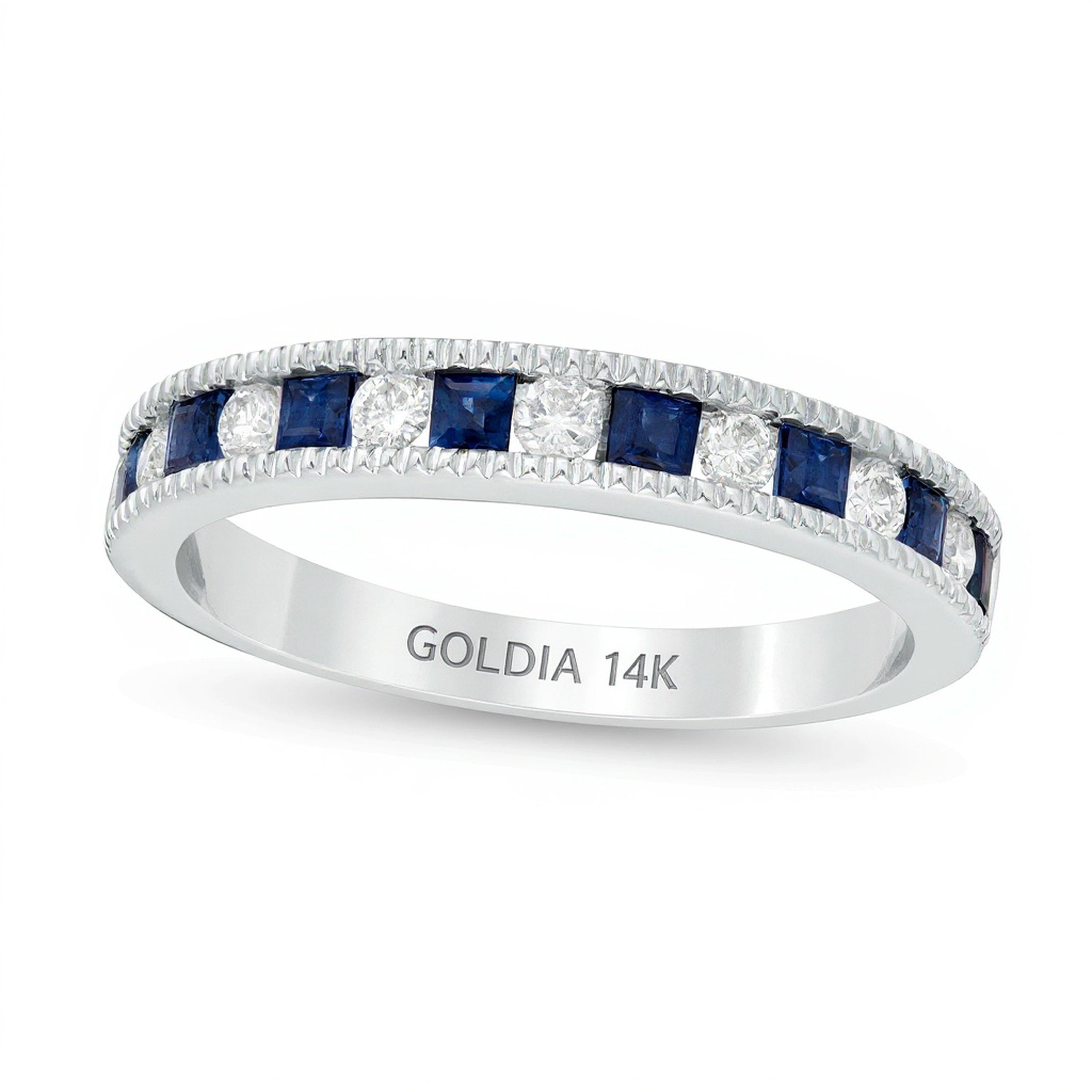Fashion-Ring mit Princess-Saphir in Blau und Diamanten 0,2 ct. Gesamtgewicht, Milgrain-Rand, in 14K Weißgold