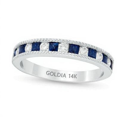Fashion-Ring mit Princess-Saphir in Blau und Diamanten 0,2 ct. Gesamtgewicht, Milgrain-Rand, in 14K Weißgold