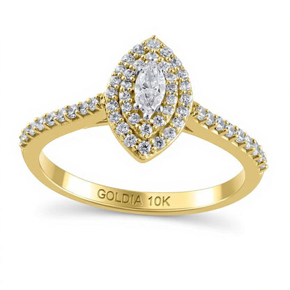 0.5 ct. Gesamtgewicht Verlobungsring mit Diamanten in Marquise- und Rundschliff, Halo-Fassung, in 10K Gelbgold