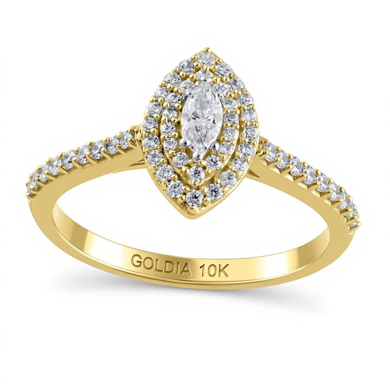 0.5 ct. Gesamtgewicht Verlobungsring mit Diamanten in Marquise- und Rundschliff, Halo-Fassung, in 10K Gelbgold