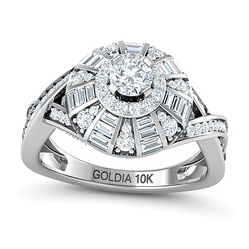 Fashion-Ring 1.0 ct. Gesamtgewicht mit weißen Diamanten im Rund- und Baguette-Schliff in 10K Weißgold für Damen