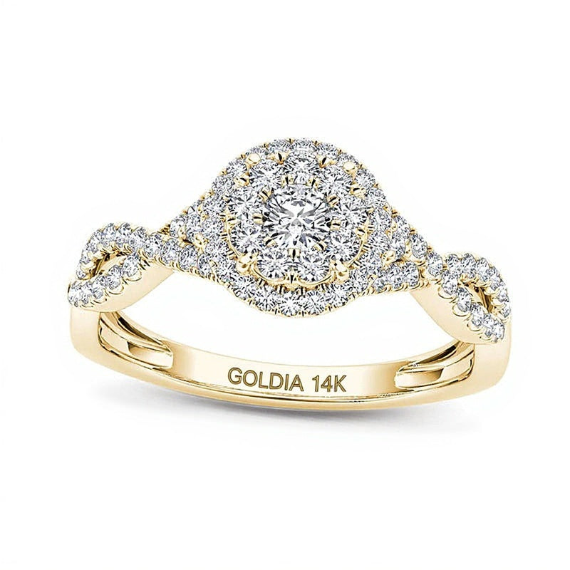 0,5 ct. Gesamtgewicht Diamant Verlobungsring mit doppeltem Halo in 14K Gelbgold