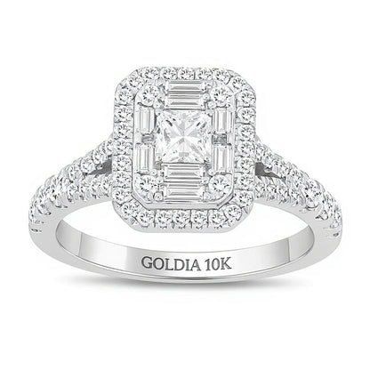Verlobungsring mit Diamant-Halo im Smaragdschliff und geteilter Schiene, 0.75 ct. Gesamtgewicht, 10K Weißgold
