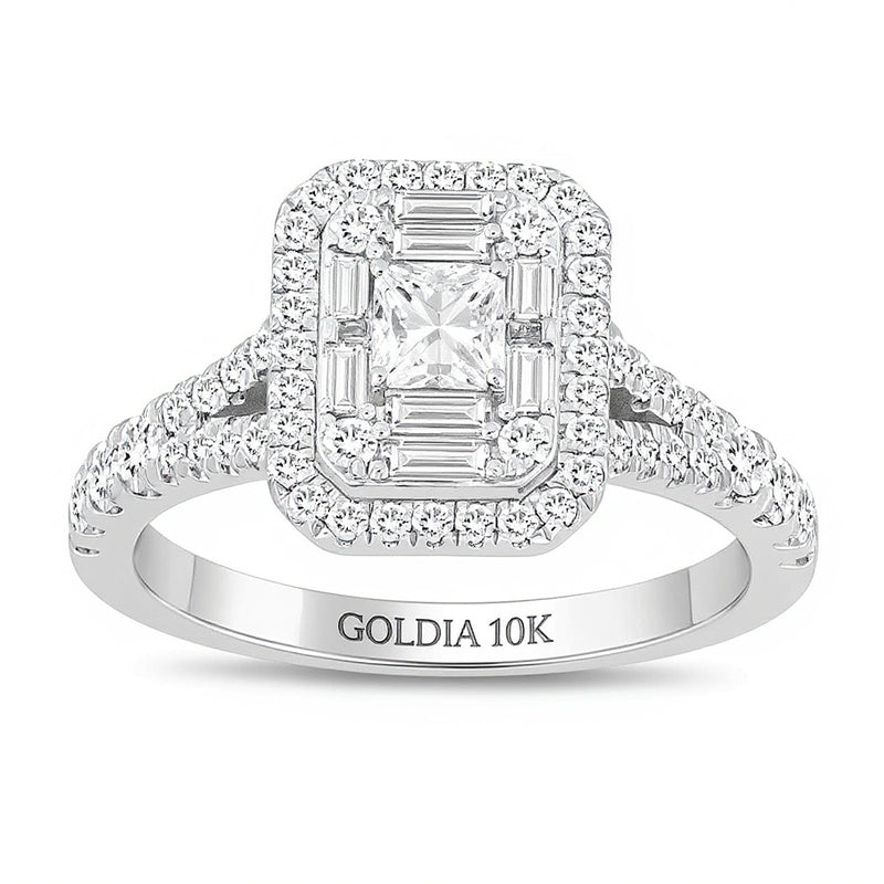 Verlobungsring mit Diamant-Halo im Smaragdschliff und geteilter Schiene, 0.75 ct. Gesamtgewicht, 10K Weißgold