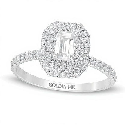 Verlobungsring im Smaragdschliff mit doppeltem oktogonalem Halo, 0,75 ct. Gesamtgewicht Diamant, 14K Weißgold