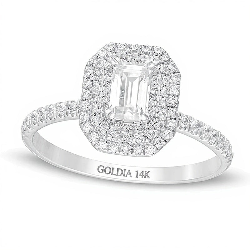 Verlobungsring im Smaragdschliff mit doppeltem oktogonalem Halo, 0,75 ct. Gesamtgewicht Diamant, 14K Weißgold