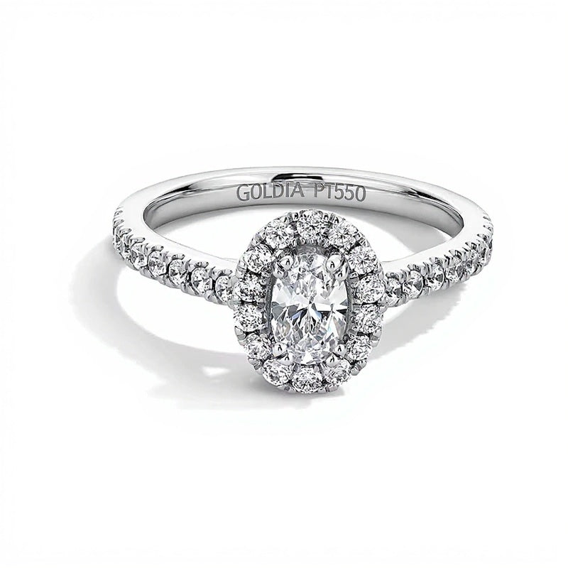 1.0 CT. Gesamtgewicht Verlobungsring mit ovalem Labordiamant und Halo in Platin (F/SI2)