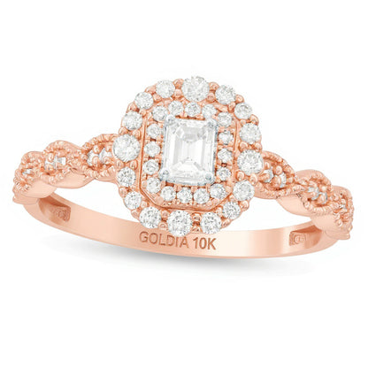 0,38 ct. Gesamtgewicht Verlobungsring im Art-déco-Vintage-Stil mit Diamant im Smaragdschliff und doppeltem Rahmen in 10K Roségold