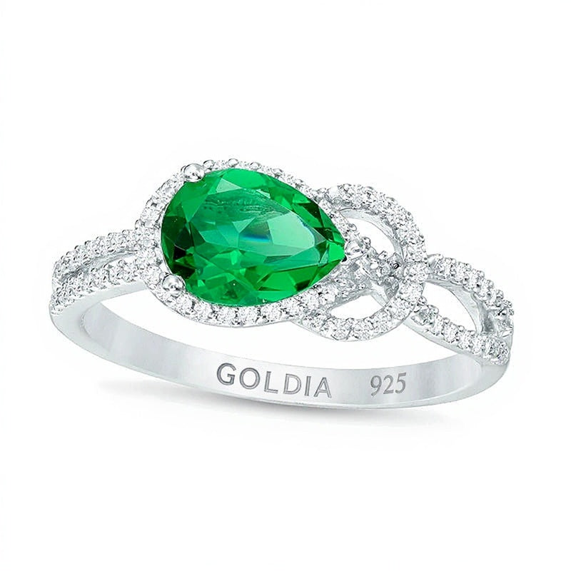 Fashion-Ring mit tropfenförmigem Labor-Smaragd und 0.17 ct. Gesamtgewicht Diamanten und Knoten-Rahmen in rhodiniertem Sterlingsilber