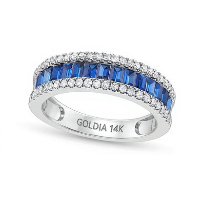 Ring mit blauem Saphir im Baguette-Schliff und Diamanten 0,33 ct. Gesamtgewicht in 14K Weißgold