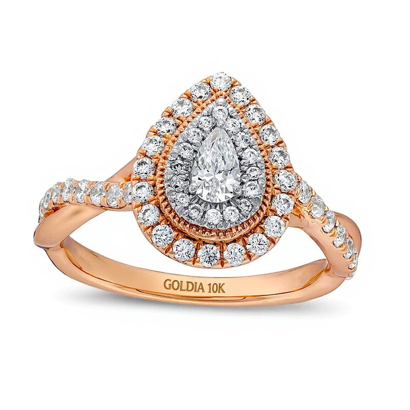 0.75 ct. Gesamtgewicht Halo-Verlobungsring mit tropfenförmigem und rundem weißem Diamant in 10K Roségold