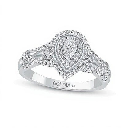 0,5 ct. Gesamtgewicht Halo-Verlobungsring mit tropfenförmigem Diamant im Vintage-Stil, mehrreihig, in 10K Weißgold