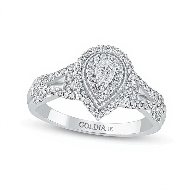 0,5 ct. Gesamtgewicht Halo-Verlobungsring mit tropfenförmigem Diamant im Vintage-Stil, mehrreihig, in 10K Weißgold