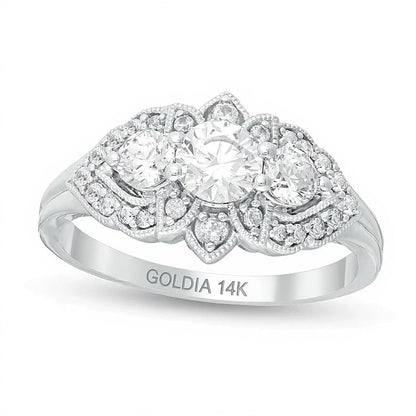 1.0 CT. TW Dreistein-Verlobungsring im Vintage-Stil mit runden weißen Diamanten und floralem Rahmen in 14K Weißgold