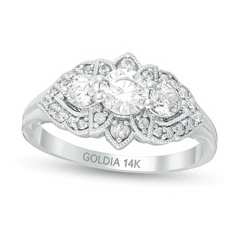 1.0 CT. TW Dreistein-Verlobungsring im Vintage-Stil mit runden weißen Diamanten und floralem Rahmen in 14K Weißgold