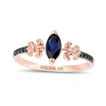 Freundschaftsring für Damen mit blauem Saphir (Labor) im Marquise-Schliff und schwarzen Diamanten 0,05 ct. Gesamtgewicht in 10K Roségold