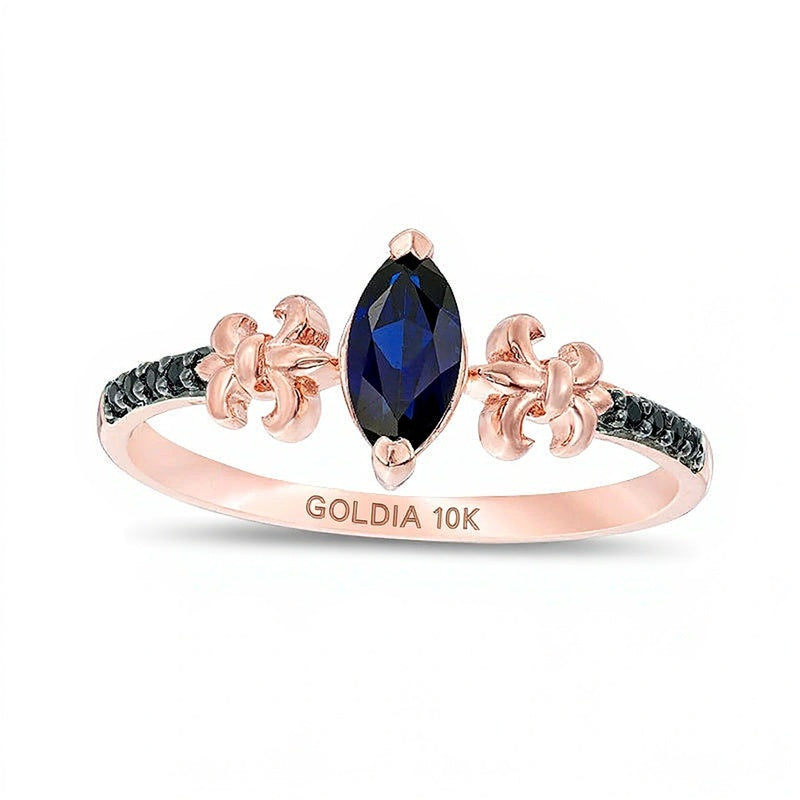 Freundschaftsring für Damen mit blauem Saphir (Labor) im Marquise-Schliff und schwarzen Diamanten 0,05 ct. Gesamtgewicht in 10K Roségold