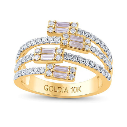 Fashion-Ring mit champagnerfarbenen und weißen Diamanten im rund- und Baguette-Schliff, mehrreihig, offene Schiene, 1.0 ct. Gesamtgewicht, 10K Gelbgold