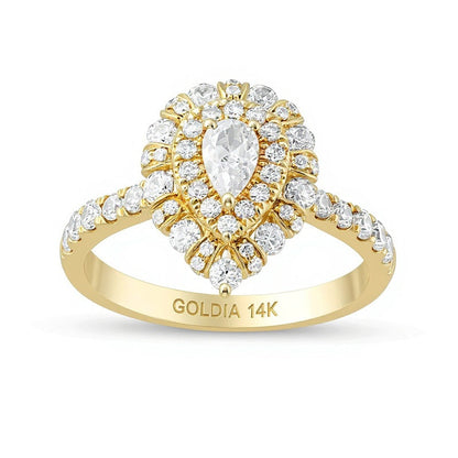 1,0 ct. Gesamtgewicht Verlobungsring mit tropfenförmigem Diamant und Halo aus 14K Gelbgold (I/SI2)