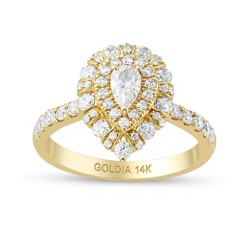 1,0 ct. Gesamtgewicht Verlobungsring mit tropfenförmigem Diamant und Halo aus 14K Gelbgold (I/SI2)