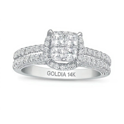 1.0 ct. Gesamtgewicht Verlobungsring im Vintage-Stil mit Diamanten im Princess- und Rundschliff in 14K Weißgold