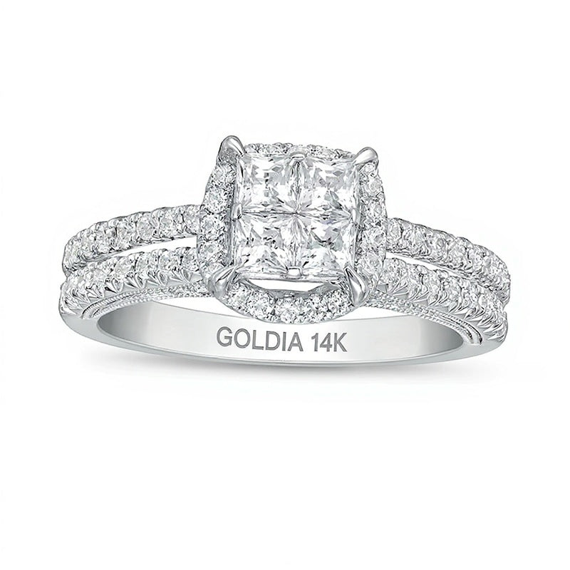 1.0 ct. Gesamtgewicht Verlobungsring im Vintage-Stil mit Diamanten im Princess- und Rundschliff in 14K Weißgold